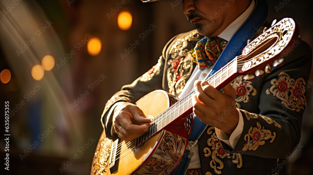 A passionate mariachi musician playing the guitar with fervor during an important celebration, sharing Mexican culture. Generative AI - obrazy, fototapety, plakaty 