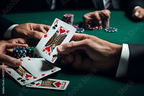 An overhead shot of a vibrant, green-felted poker table adorned with sleek cards, stacked chips, and a meticulous dealer's hand mid-deal, capturing the intensity of a high-stakes game.