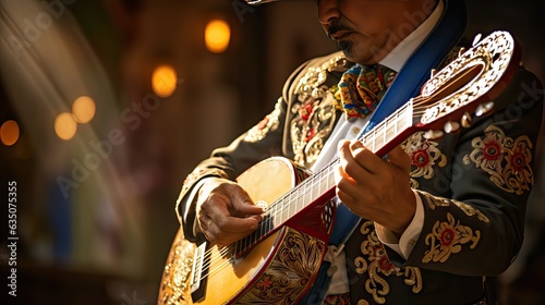 A passionate mariachi musician playing the guitar with fervor during an important celebration, sharing Mexican culture. Generative AI