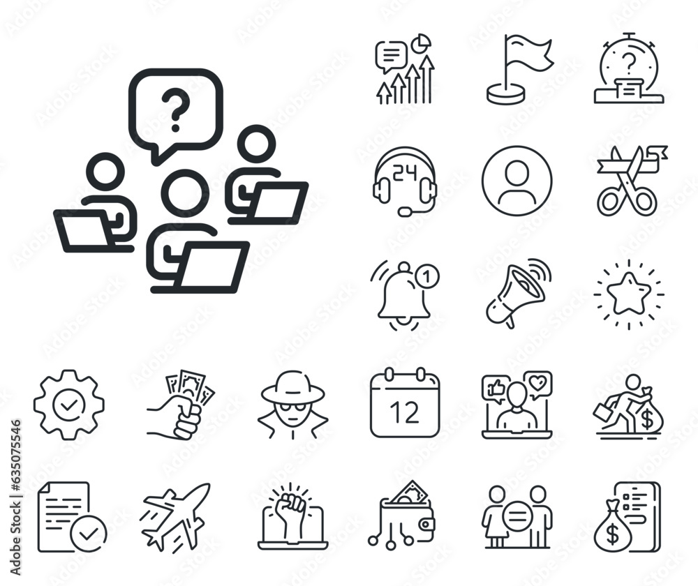 Ask help sign. Salaryman, gender equality and alert bell outline icons. Teamwork question line icon. Outsource support symbol. Teamwork question line sign. Spy or profile placeholder icon. Vector Ask help sign. Salaryman, gender equality and alert bell outline icons. Teamwork question line icon. Outsource support symbol. Teamwork question line sign. Spy or profile placeholder icon. Vector