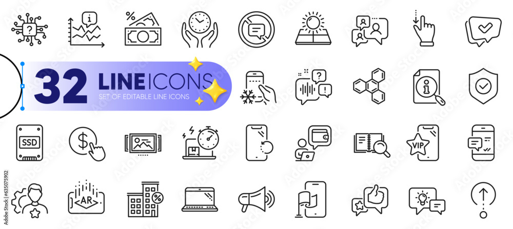 Outline set of Support chat, Brand and Location app line icons for web with Security shield, Artificial intelligence, Voicemail thin icon. Smartphone recovery, Smartphone notification. Vector