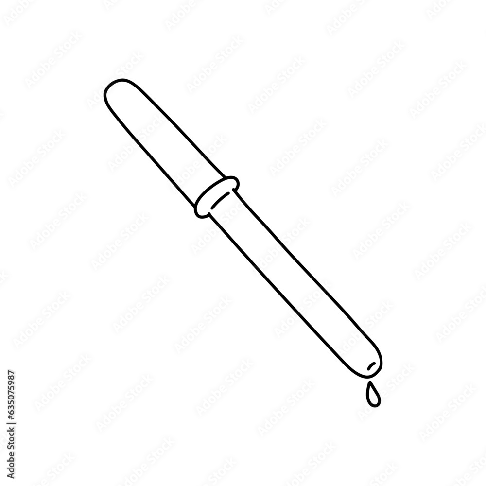 Pipette with a drop of water, oil, serum or vaccine. A scientific tool. Vector doodle outline sketch