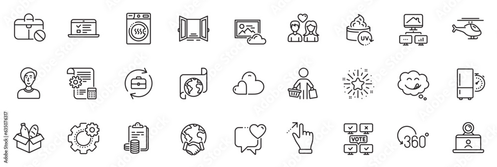 Icons pack as Settings blueprint, Refrigerator timer and Global business line icons for app include Touchscreen gesture, Uv protection, Helicopter outline thin icon web set. Vector