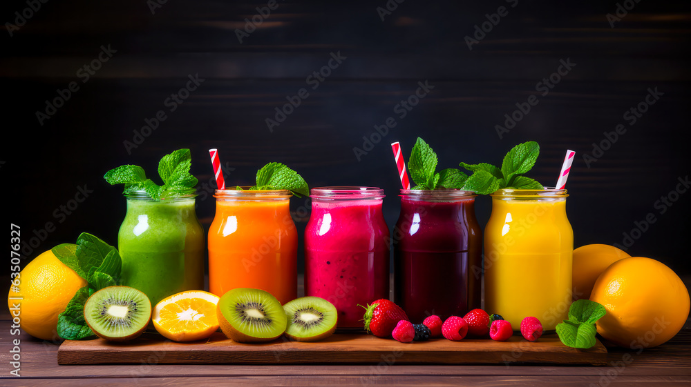 Bunte Smoothie, Juice aus Obst und Gemüse. Generiert mit KI