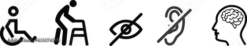 Set of vector disabled signs.Handicapped man sitting in a wheelchair, person with walker, blind,deaf, mental disease icons.