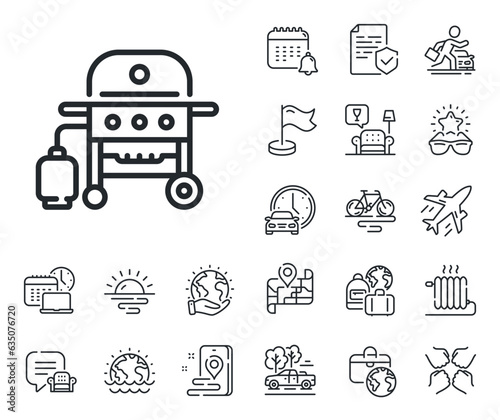 Barbecue cooker for cooking food sign. Plane jet, travel map and baggage claim outline icons. Gas grill line icon. Meat brazier symbol. Gas grill line sign. Car rental, taxi transport icon. Vector