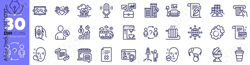 Face search, Ecology app and Feather line icons pack. Food market, Marketing, Building web icon. Reject file, Settings gears, Seo certificate pictogram. Elephant on ball. Design with pen tool. Vector