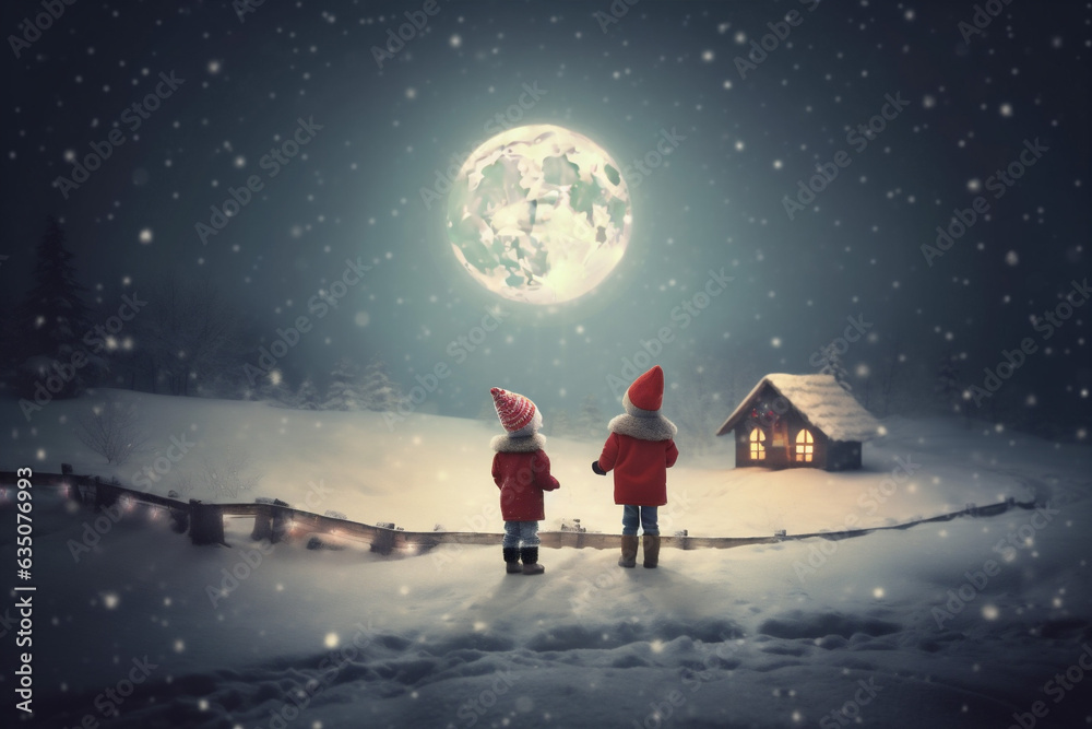 claus child moon winter night year magic christmas snow holiday. Generative AI.