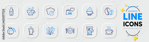 Leaf, Coffeepot and Romantic dinner line icons for web app. Pack of Food donation, Cooking timer, Latte pictogram icons. Cappuccino, Cappuccino cream, Coffee beans signs. Mint leaves. Vector