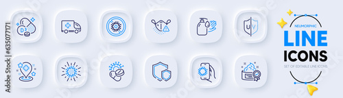 Stop coronavirus, Uv protection and Covid app line icons for web app. Pack of Coronavirus pills, Hospital, Medical mask pictogram icons. Cream, Shields, Wash hands signs. Neumorphic buttons. Vector