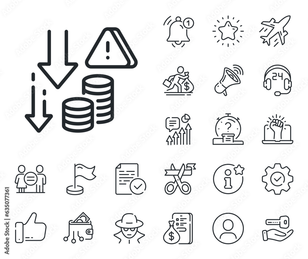 Economic crisis sign. Salaryman, gender equality and alert bell outline icons. Deflation line icon. Income reduction symbol. Deflation line sign. Spy or profile placeholder icon. Vector