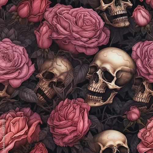 Skulls and roses seamless pattern