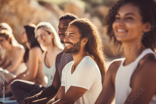 Group of young happy people on yoga retreat in Ibiza photo