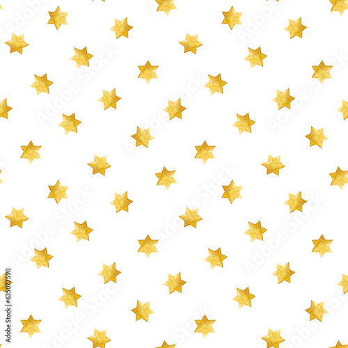 Yellow star of David watercolor seamless pattern on white background for Hanukkah and Sukkot Jewish holidays wrapping paper, textile, fabric and packaging