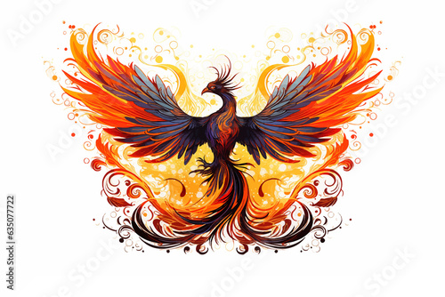 Phoenix. Fire Phoenix risen from the ashes. Firebird. Burning bird. Eagle flying in the fire. Bird in the fire. Fantasy Fiery bird. Mythical Creature. Legend. Fairy. Isolated on white. Fire background