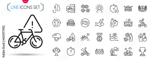 Pack of Fitness water, Juice and Victory line icons. Include Dumbbell, Leadership, Hook pictogram icons. Arena, Fish, Delivery bike signs. Best rank, Sports arena, Timer. Mountain bike. Vector
