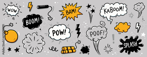 Comic bomb boom vector element. Hand drawn cartoon explosion bomb effect, splash, exclamation smoke element. Doodle hand drawn text boom, pow, wow. Vector illustration.