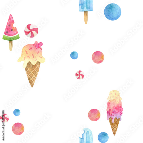 Watercolor seamless pattern, sweet ice cream