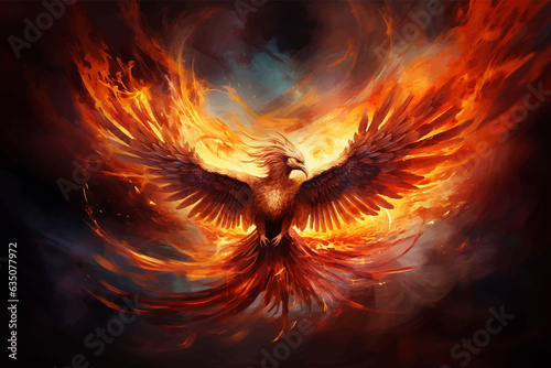 Phoenix. Fire Phoenix risen from the ashes. Firebird. Burning bird. Eagle flying in the fire. Bird in the fire. Fantasy Fiery bird. Mythical Creature. Legend. Fairy. Isolated on black. Fire background