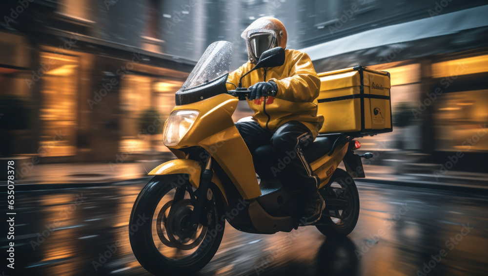 Swift deliveries. Delivery man on motorbike in motion, providing speedy transportation and efficient service for online orders and express shipping.