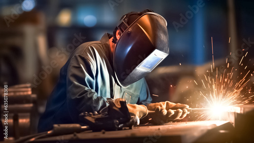 The worker welding metal in manufacturing plant. Heavy-duty industry and manufacturing plant, iron and metal industry worker. photo