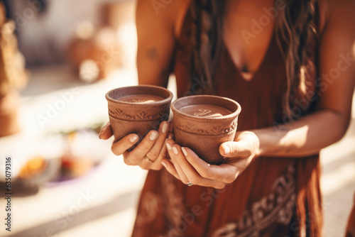 Cacao ceremony. Female hands holding a cup of pure organic ceremonial cacao drink.