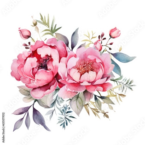 Fototapeta Naklejka Na Ścianę i Meble -  Wedding floral composition. Watercolor peony flowers isolated on white illustration. Generative AI