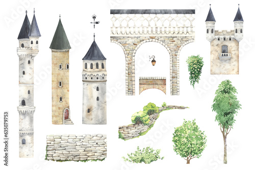 Set of different castle towers, element big bridge, tree and plants. Watercolor collection for your design, fantasy isolated illustration  for design cover books or wallpapers.