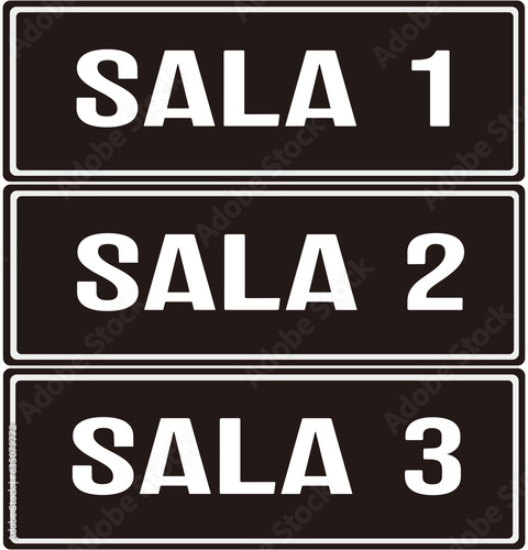 Obraz na plátně three door signs that says sala 1 sala 2 and sala 3 in portuguese language