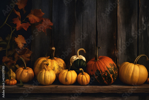 orange halloween season wooden background leaf pumpkin autumn fall wood farm. Generative AI.