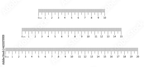 Measuring rulers in centimeters. Rulers for 10, 15, 20 cm. Vector scale in centimeters. Measuring instruments