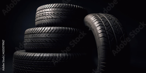 New tires pile on a dark black background. Tire fitting background with stack of car tires. Copy space. © dinastya