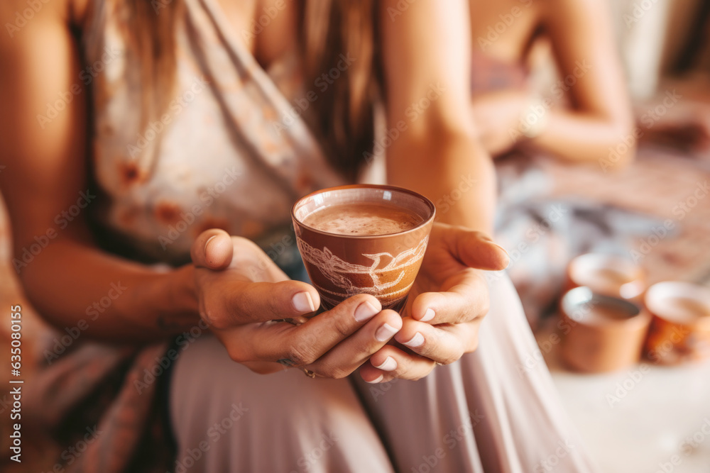 Cacao ceremony. Female hands holding a cup of pure  organic ceremonial cacao drink.