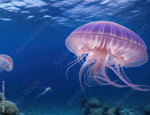 A big pink jellyfish swims in the sea.generative AI