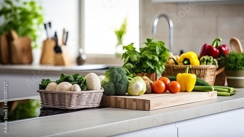 vegetables in a wicker basket on the countertop in a modern kitchen , advertising banner