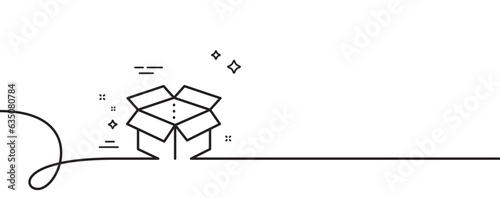 Open box line icon. Continuous one line with curl. Delivery parcel sign. Cargo package symbol. Open box single outline ribbon. Loop curve pattern. Vector