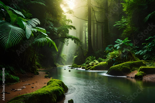 a peaceful forest run a pristine river and greenery grows along the stream banks. Generative AI