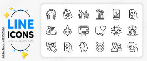 24h service, Plane and Sale tag line icons set for app include Stress, Ab testing, Headphones outline thin icon. Mobile finance, Bell alert, Heart pictogram icon. Trophy, Music app. Vector