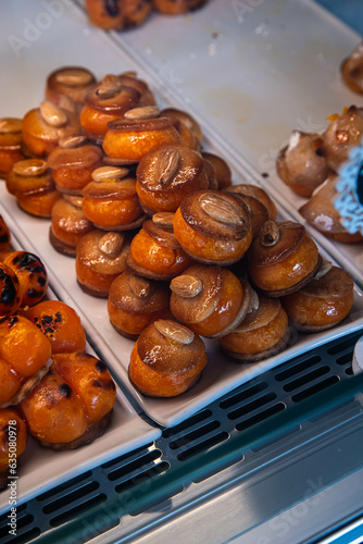 Showcase with assortment of traditional Portuguese conventual sweets in Braga.