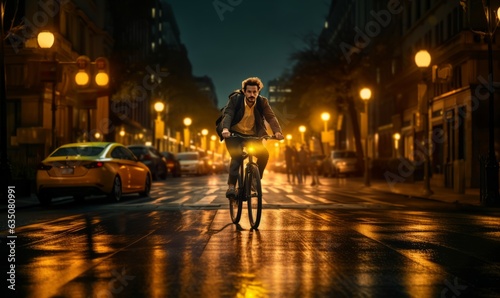 a man riding a bike in the night city