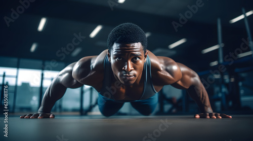 a black afro-american athlete with healthy muscular body doing pushups in a gym while sweating and improving his physical body form.