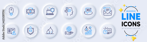 Ph neutral, Scroll down and Money change line icons for web app. Pack of Waterproof, Computer security, Instruction manual pictogram icons. Safe planet, Messages, Salary signs. Vector