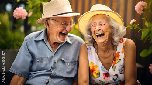 a candid photo of a cute old people couple laughing and having fun in the retirement house. couple with grey hair glasses and hat. © Prasanth
