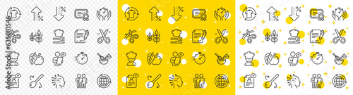 Approved application, Scissors cutting ribbon, Artificial intelligence icons. Chef hat, Customer survey, Fast delivery line icons. Percent decrease, interest rate, contract. Vector