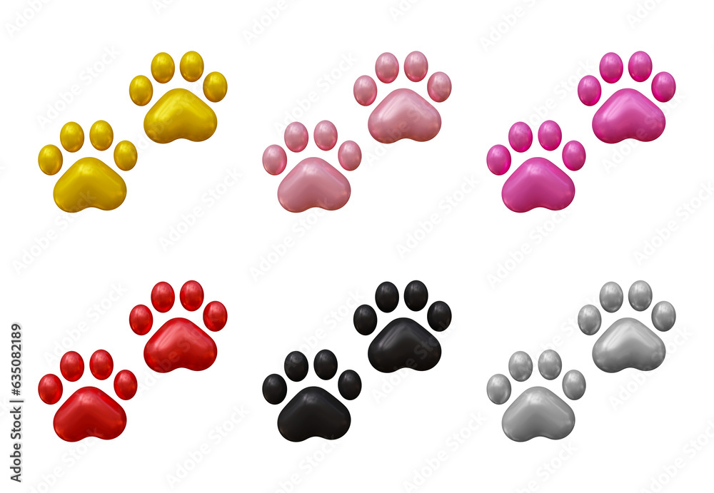 Set of dog or cat paw icons in 3d rendering isolated on transparent background for pet, animal concept.