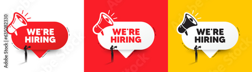 We are hiring tag. Speech bubble with megaphone and woman silhouette. Recruitment agency sign. Hire employees symbol. Hiring chat speech message. Woman with megaphone. Vector