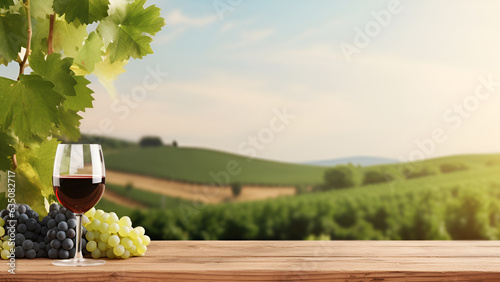 Photo Empty wooden table top with glass of wine on vineyard background with copy space