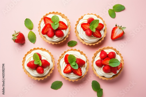 Top view of small tarts with cream and strawberry fruits Fototapet