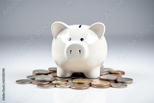 White piggy bank with piles of coins on it. Collection. Saving money.