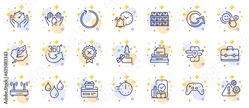 Outline set of Safe water, Loyalty card and Boxes shelf line icons for web app. Include Gps, 360 degrees, Reject medal pictogram icons. Customer satisfaction, Gamepad, Alarm clock signs. Vector